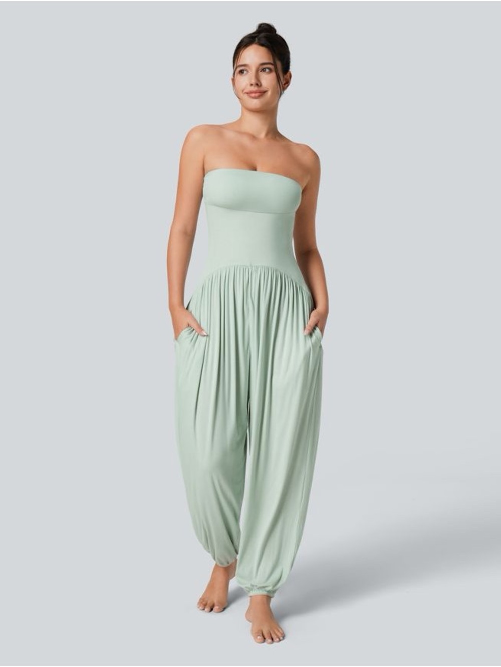 HALARA Ribbed Tube Backless Side Pocket Jumpsuit in Fairest Jade Sz Small NWOT